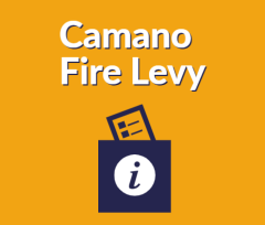 a yellow background with Camano Fire Levy  text and a blue ballot box