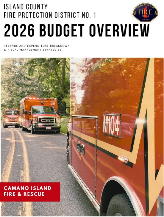 The cover of a 2026 budget overview document depicting red fire apparatus on a roadway